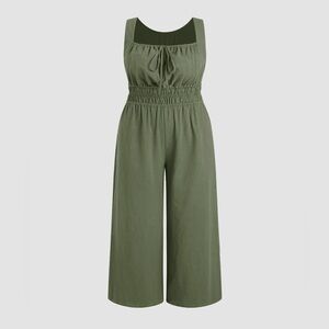 Square neck lace up ruched jumpsuit olive green 1X